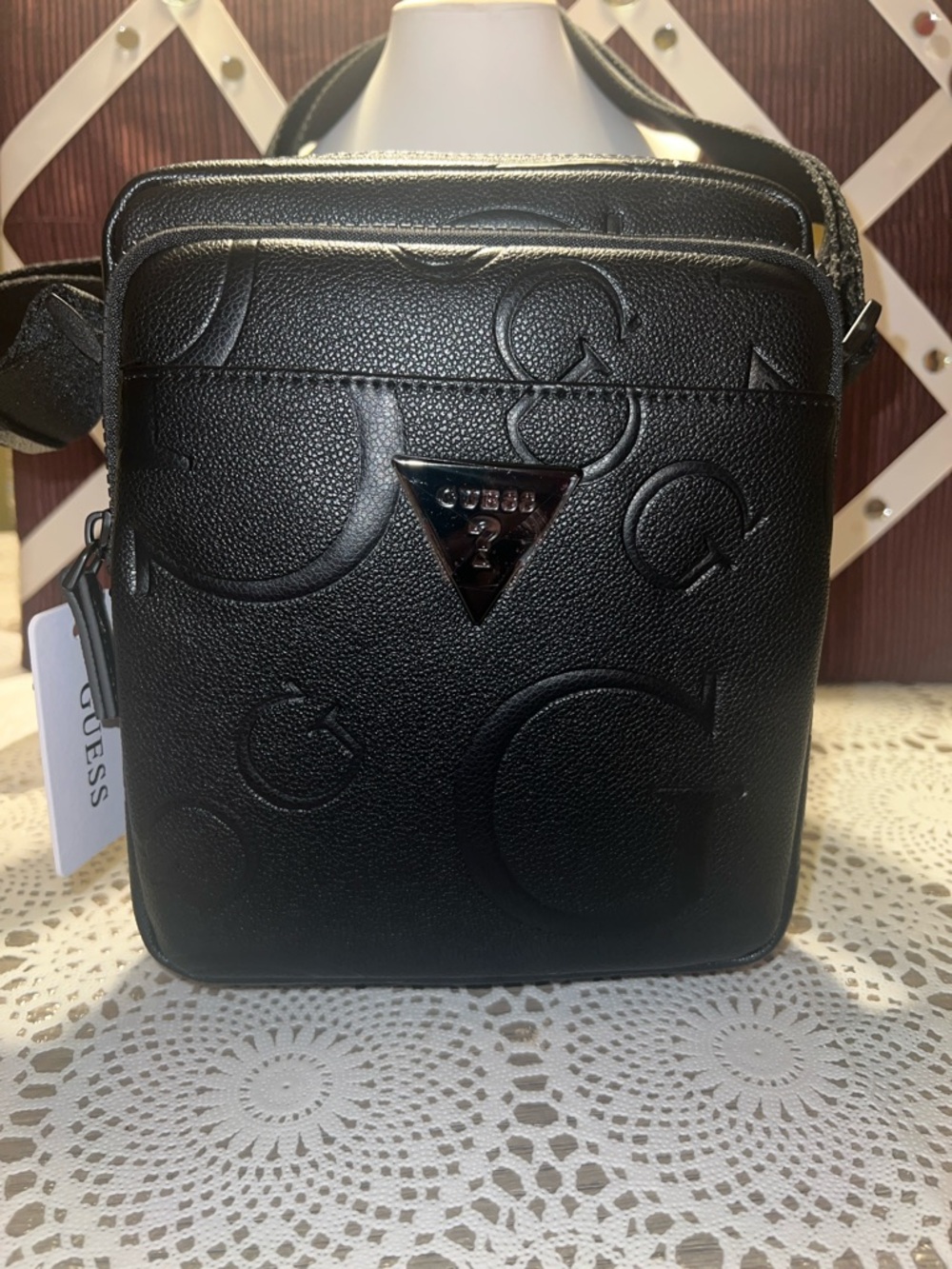 GUESS Black Embossed Logo Messenger Crossbody Bag
